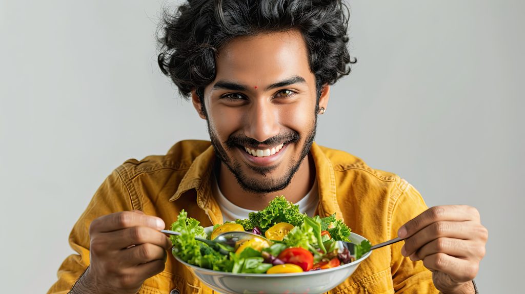 man smiles as he eats bowl salad